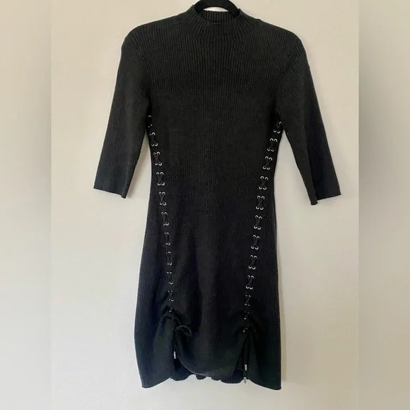 Maje Ribbed Knit Midi Dress Grey Acrylic Lace Eyelet Detail Three Quarter  Sleeve
